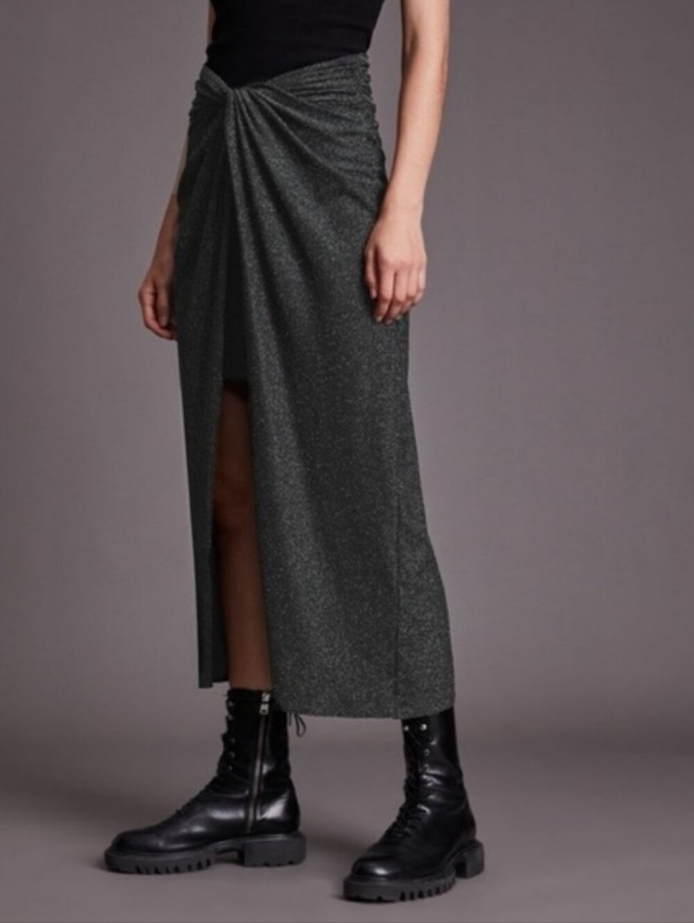All Saints Sami Gathered Waist Mini/Midi Black/ Silver Skirt